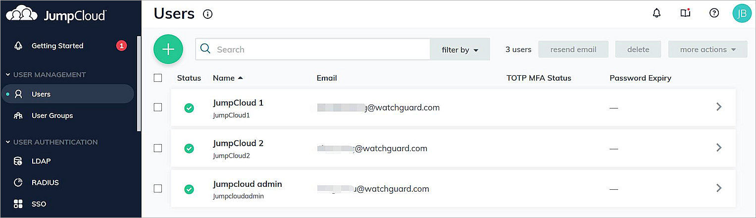Screen shot of the users list